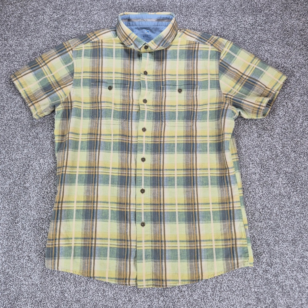 Kuhl Linen Blend Shirt Mens Large Plaid Short Sleeve Button Up Hiking Skorpio